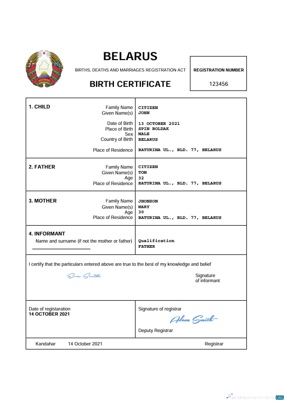 Download Belarus vital record birth certificate Word and PDF template Photoshop template